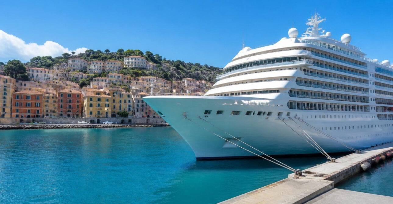 Navio de cruzeiro atracado num porto do Mediterrâneo